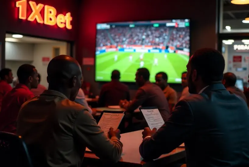People using 1xBet for online betting in a sports hall while watching the match and reviewing betting odds for today