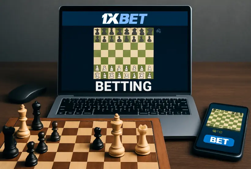 Chess bet online on 1xBet shown on laptop and smartphone, symbolizing chess betting sites