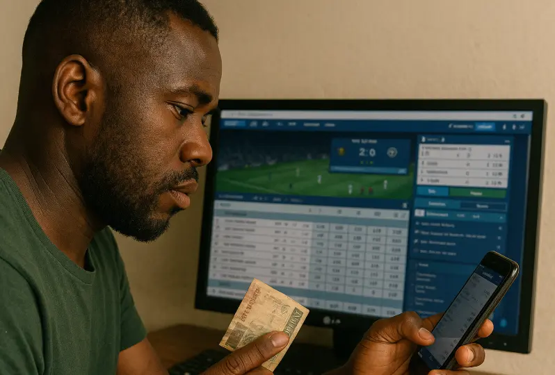 Football bet on 1xBet. A man places a bet using his smartphone in Malawi, holding local currency in front of the online betting screen