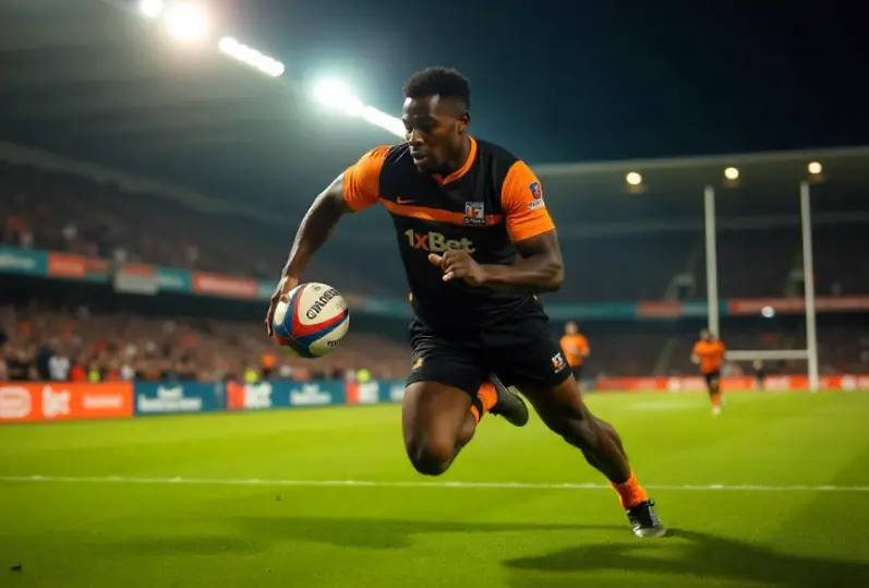 Rugby betting on 1xBet Malawi - professional player in uniform runs with the ball, illustrating rugby betting