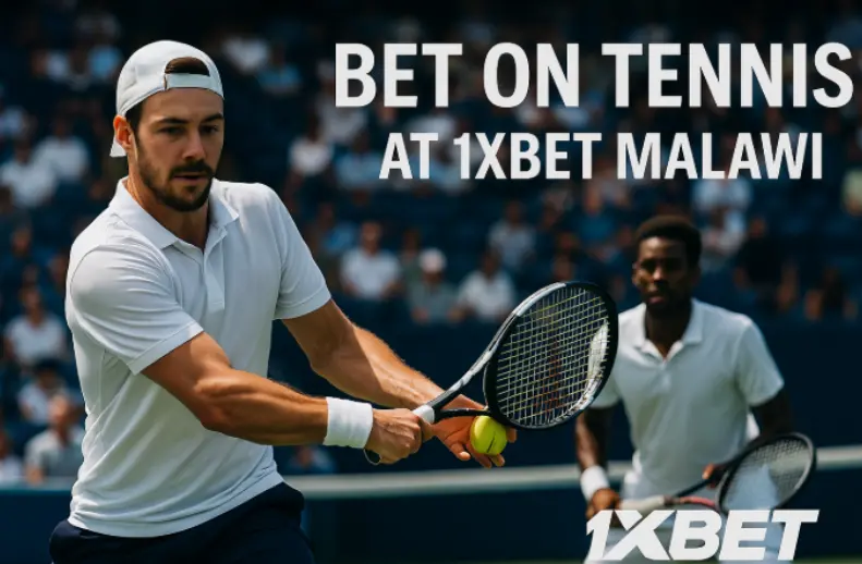 Tennis betting at 1xBet Malawi - two players during an outdoor match featuring tennis betting odds and competitive odds