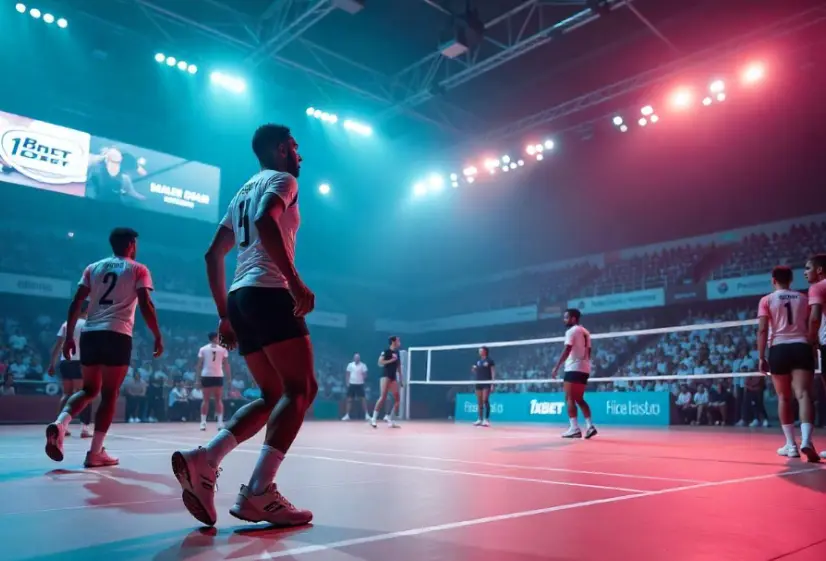 Volleyball betting at 1xBet Malawi - intense volleyball match with players on the court, betting atmosphere and high odds